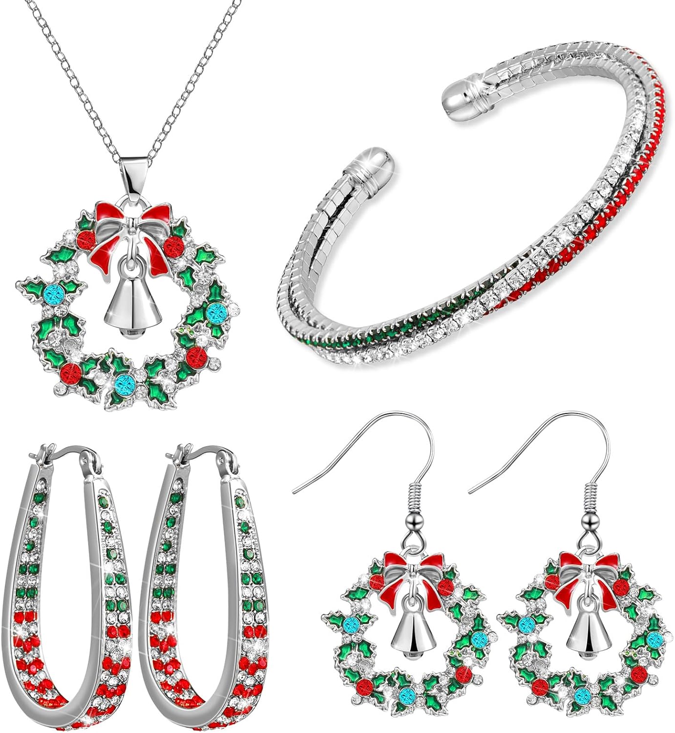 Sasylvia 4 Pieces Christmas Rhinestone Jewelry Set for Women Wreath Bell Dangle Necklace Cuff Bracelet Wreath Hoop Earrings