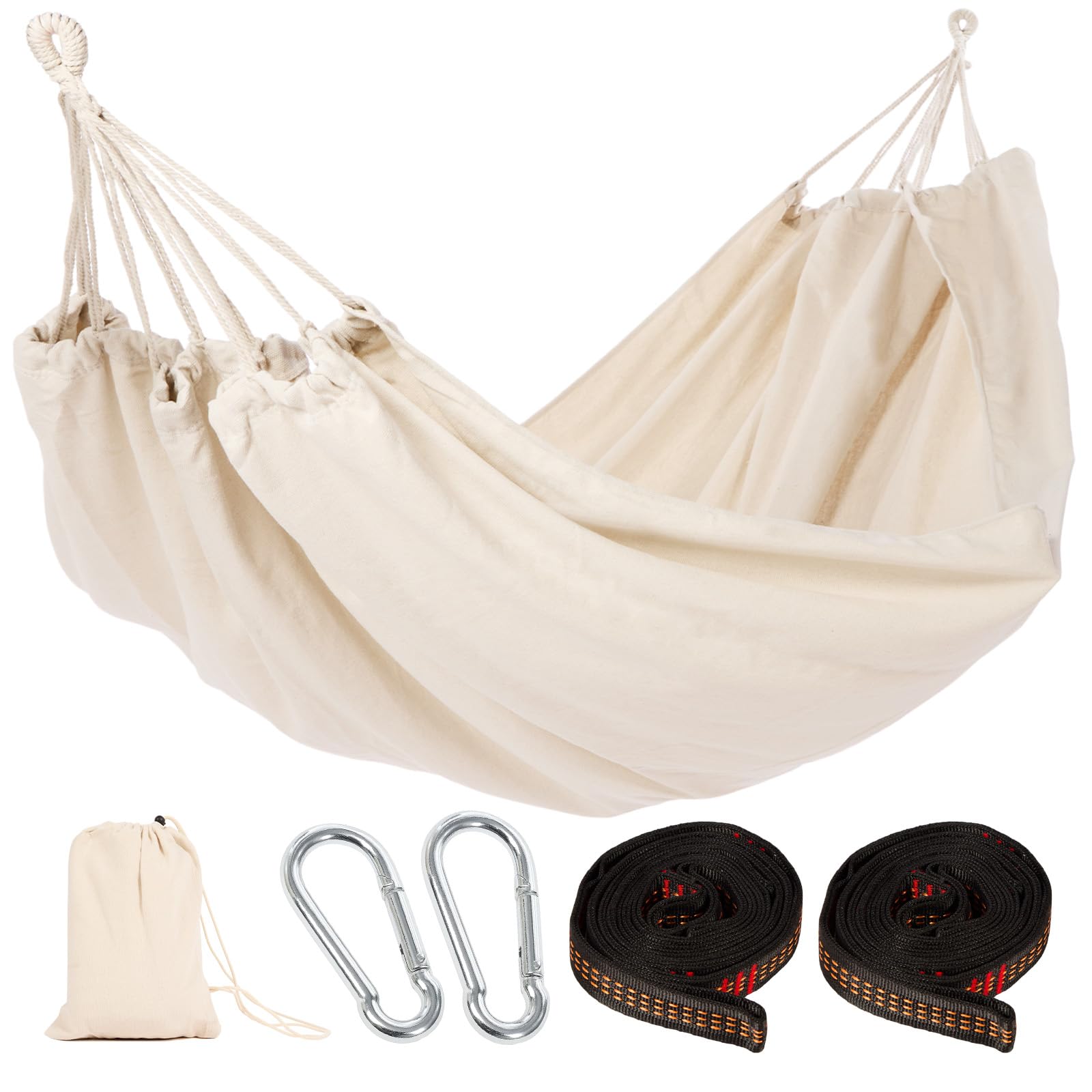 GREENSAPPIRE Cotton Hammock with Comfortable Fabric, Tree-Friendly Straps & Carabiners, Durable Portable Hammock with Travel Bag, Ideal for Garden Camping Patio Balcony Indoor & Outdoor (White)