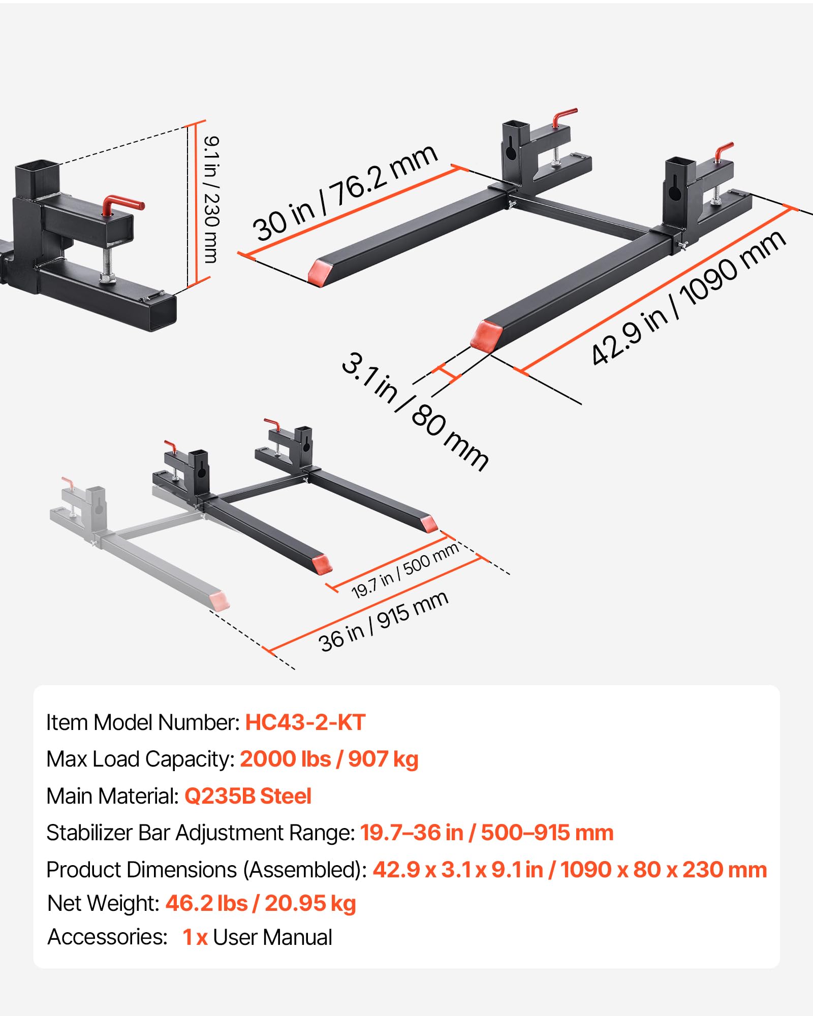 VEVOR Forche per Pallet con Morsetto da 907 kg Lunghezza Totale 109 cm, Forche per Trattori per Impieghi Gravosi con Barra Stabilizzatrice Regolabile per Accessori per Trattori, Benna di Carico