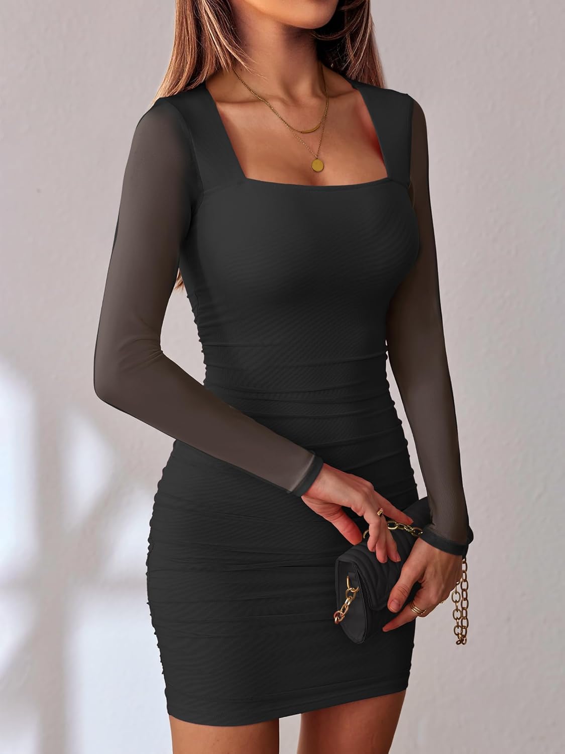Prinbara Womens Mesh Long Sleeve Square Neck Ruched Mini Dress Sexy Bodycon Elegant Cocktail Evening Club Party Short Dresses - Image 3
