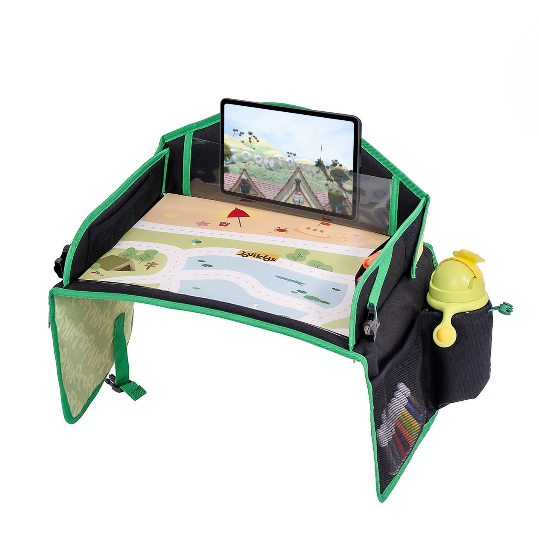 Jovikids Plateau Voiture de Voyage Enfants, Tableau Effacable pour Éduquer, Dessiner, Sack, Table Jeux pour Long Trajet Voiture, Avion (Vert)