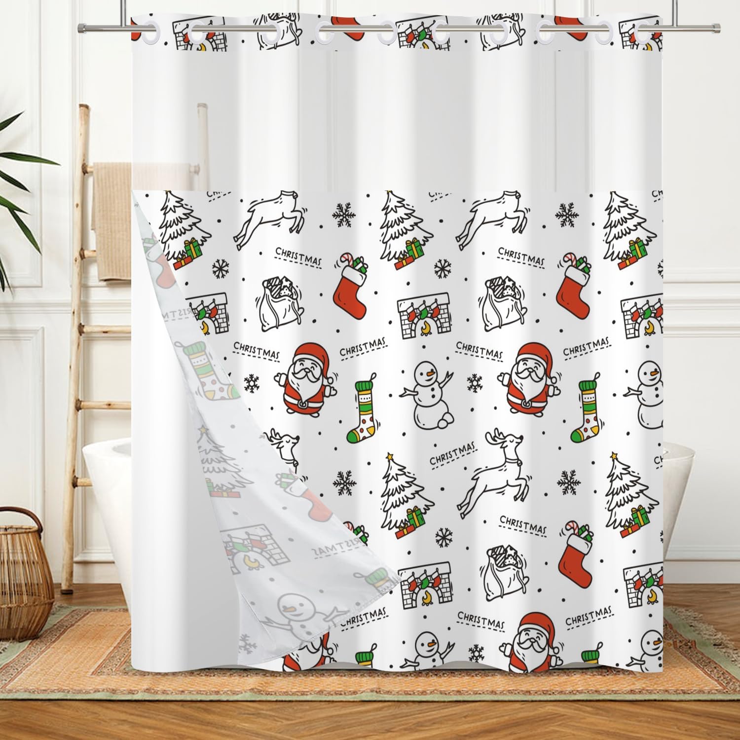 No Hook Christmas Shower Curtain with Snap in Fabric Liner Set,Christmas Baking Gingerbread Houses Tree Cookies Candy Cane Sweet Winter Bathroom Decor Fabric Waterproof Shower Curtain,71W x 84L
