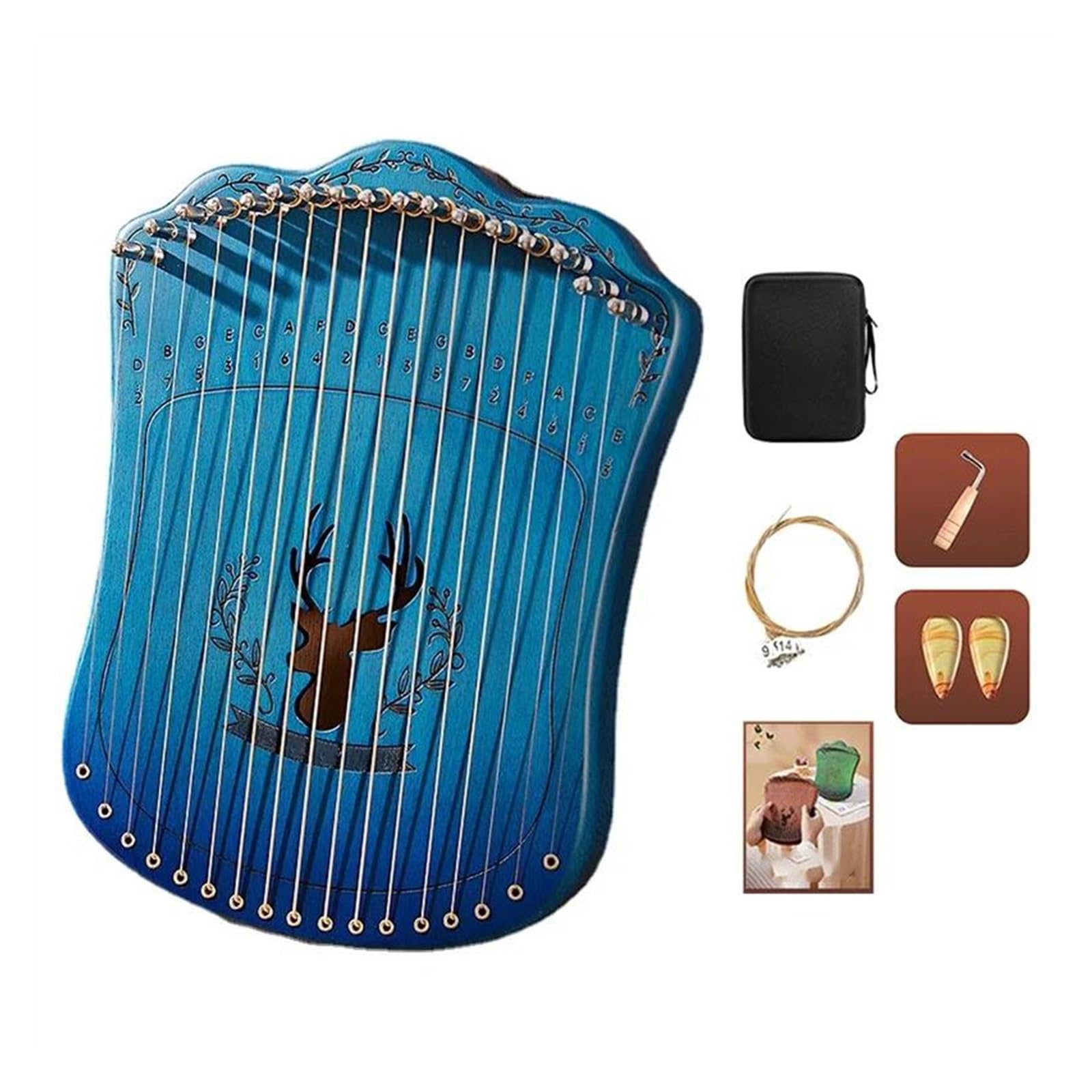 xilofono professionale Arpa A Lira Portatile 17 Corde Lira Da Gioco Con Dita In Legno Di Faggio Con Borsa E Corda Di Ricambio Strumenti A Corda Per Principianti(Blue)