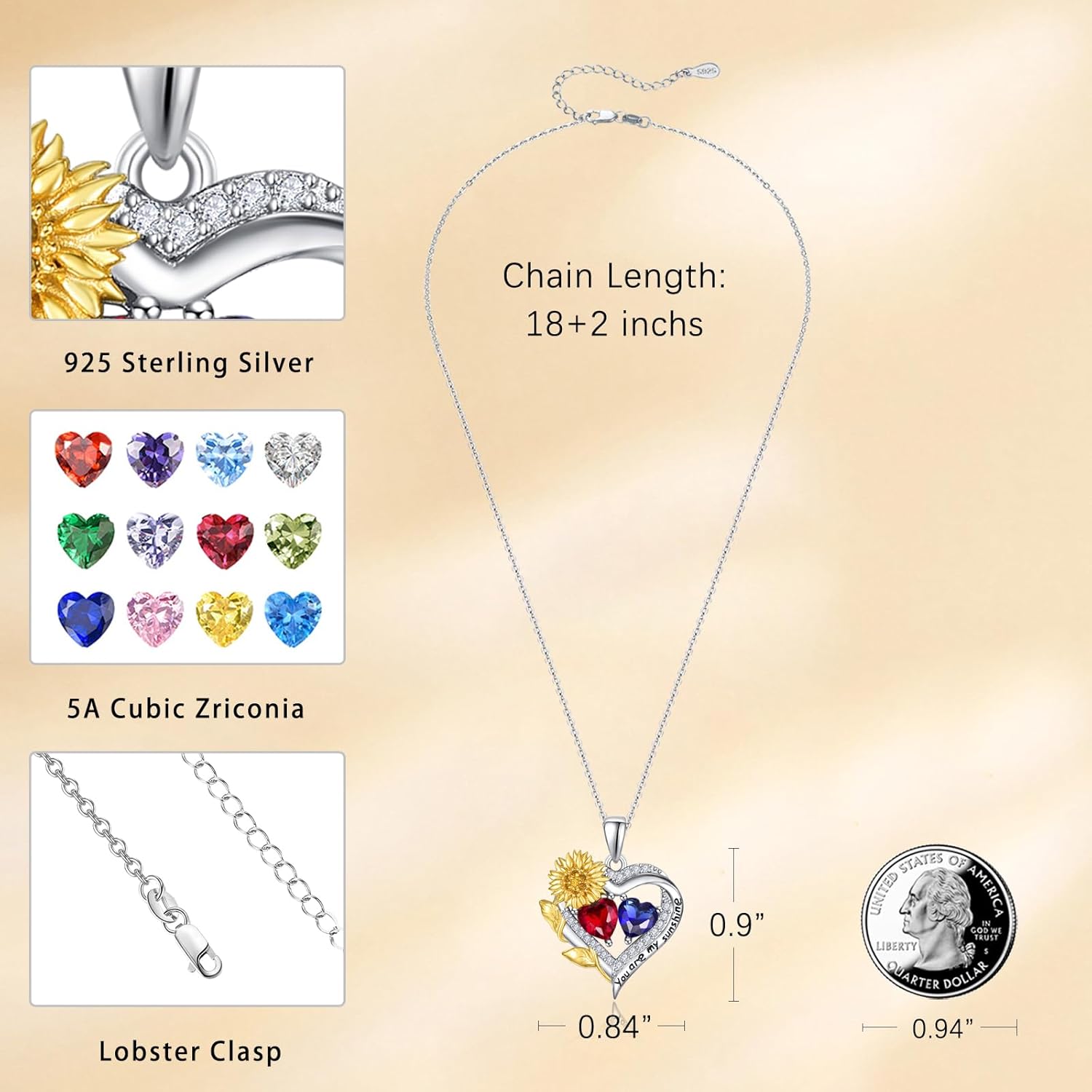 AENEAS Valentines Day Gifts for Women Sunflower Necklace for Women 925 Sterling Silver Sunflower Garnet Sapphire Heart Pendant Necklace You Are My Sunshine Jewelry Anniversary Birthday Gifts for Mom Wife Her - Image 3
