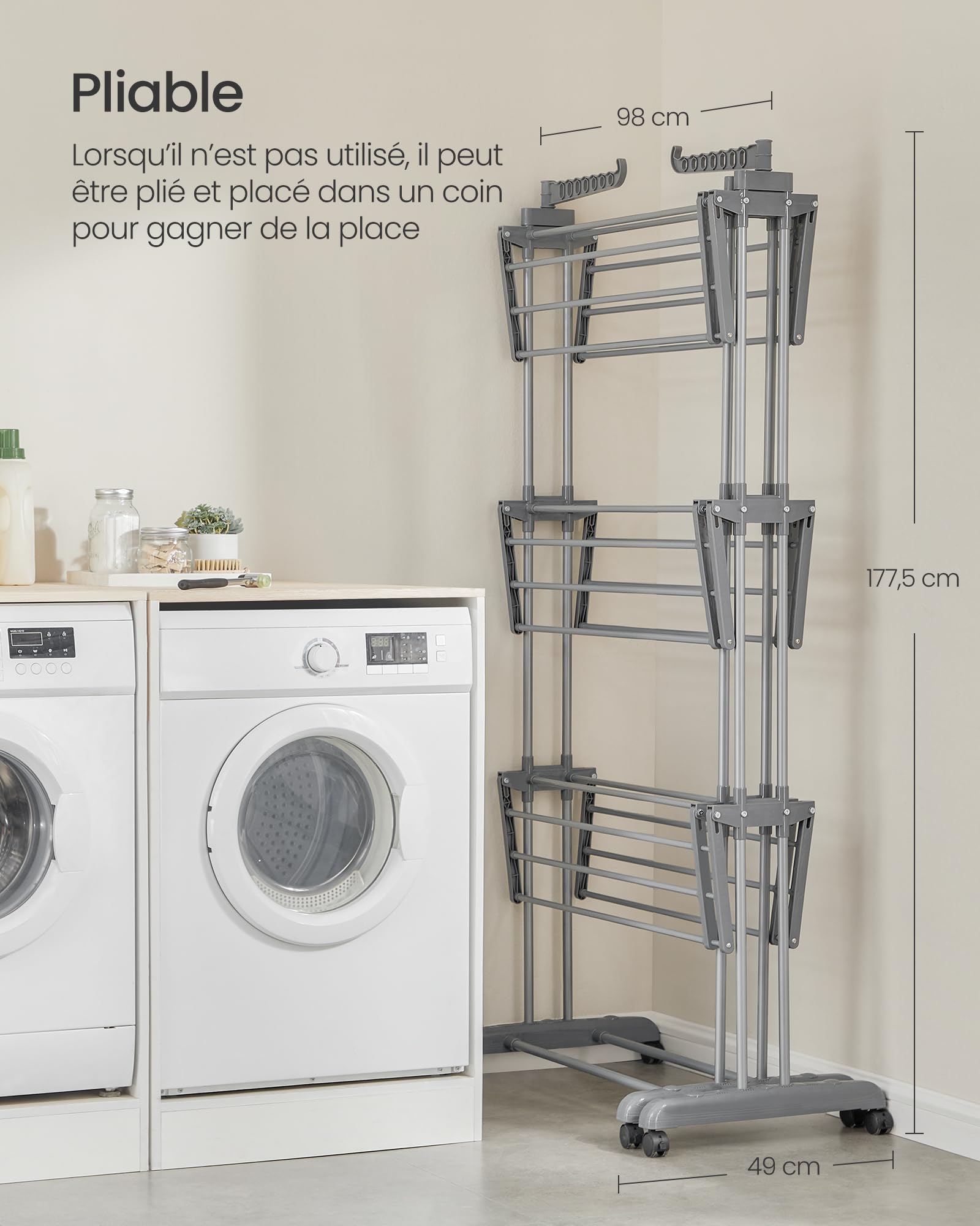 SONGMICS Étendoir à Linge, Séchoir Mobile à 4 Niveaux, avec roulettes, Pliable, 63,5 x (131-200) x 177,5 cm, Grande Capacité, Utilisation Intérieure et Extérieure, Gris Tourterelle LLR704G01