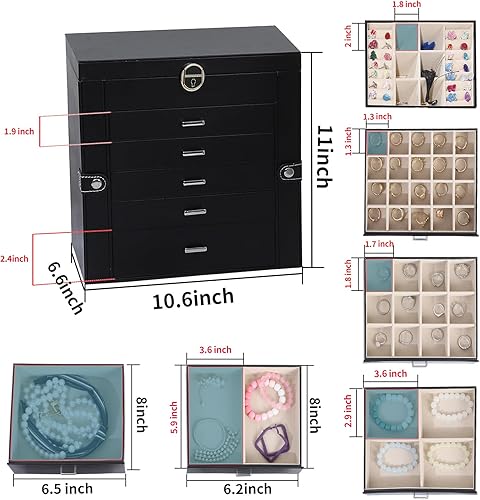 Vista 4 de BOOVO Caja de joyería para mujer, joyero grande de 6 capas con espejo, caja de almacenamiento multifuncional con cerradura, soporte para accesorios