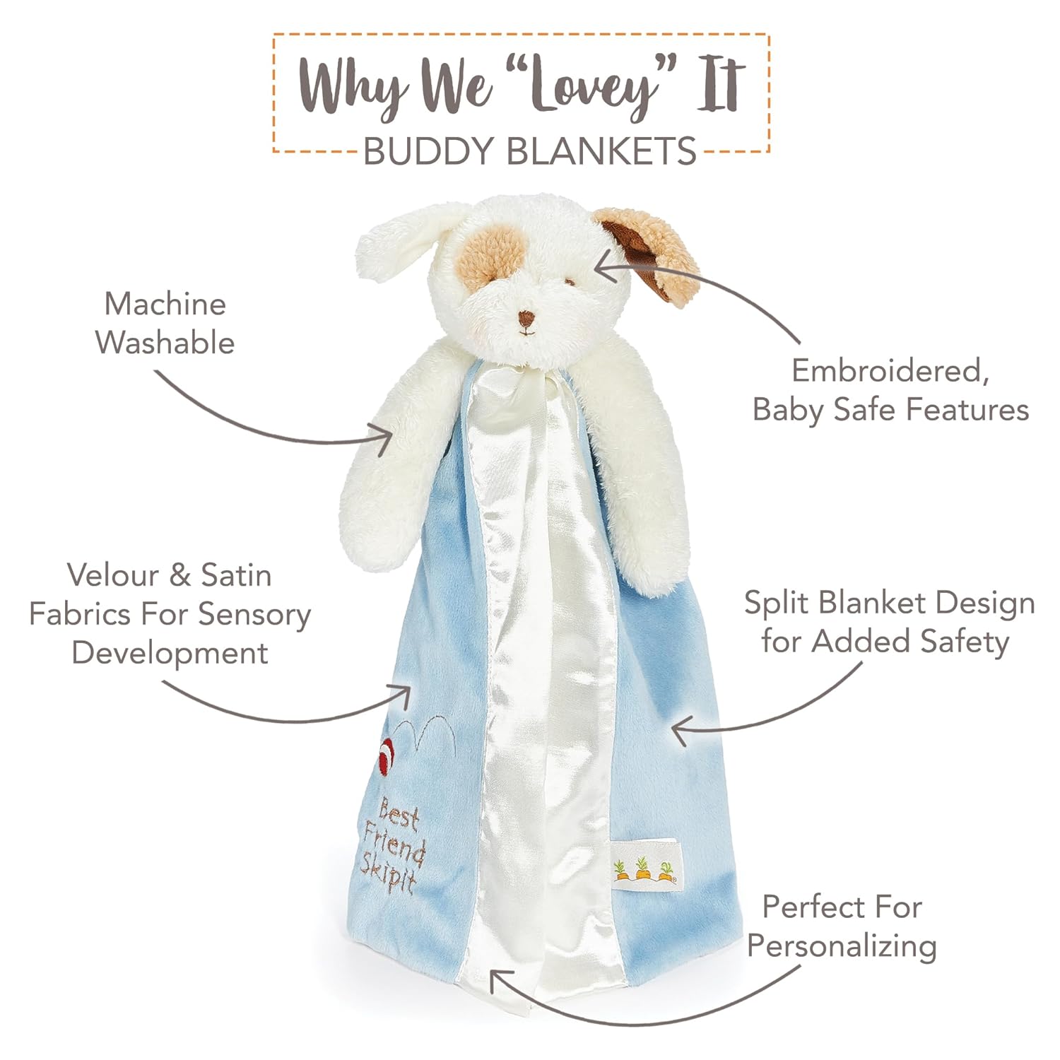 Bunnies by The Bay "Skipit Puppy" Buddy Blanket - 16" Stuffed Dog and Baby Security Blanket - Super Soft Velour with Satin Lining - Gray