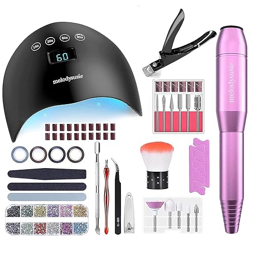 MelodySusie Kit de uñas profesional acrílico con todo, taladro eléctrico portátil para uñas, lámpara LED UV de 48 W, cortauñas acrílico, decoración