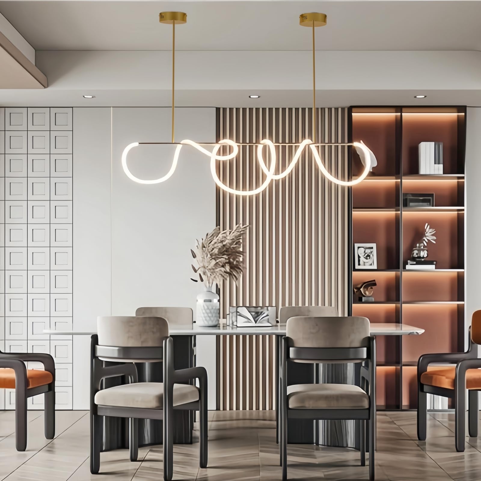 SMG Modern LED Linear Pendant Light for Dining Room, Dimmable Gold Kitchen Chandelier, 47" Linear DIY Chandelier with Remote Control Stepless Dimming,