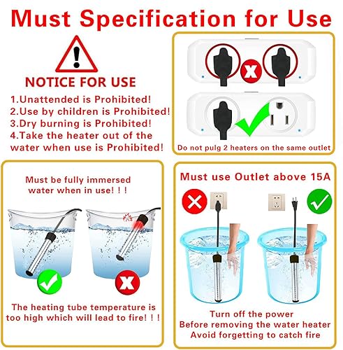 Miniatura 7 de Calentador de agua de inmersión de 2000 W, calentador de agua portátil con termómetro LCD digital, calentador de agua sumergible eléctrico con