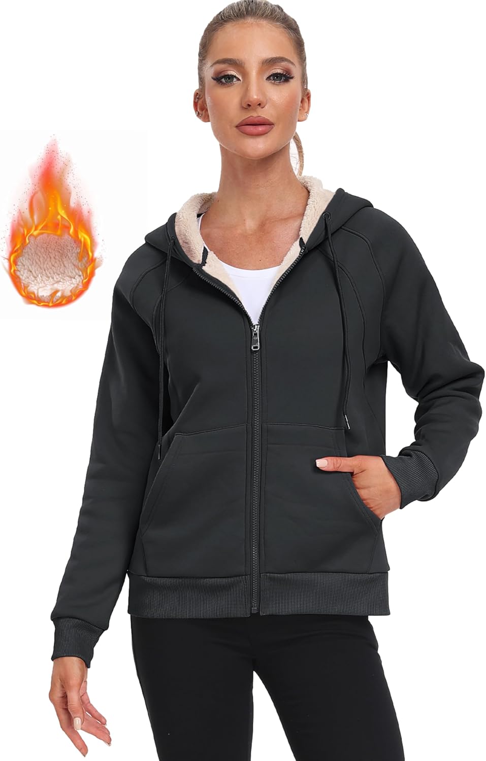 MoFiz Women's Fleece Zip Up Hoodie Warm and Cozy Sherpa Lined Sweatshirt Winter Hoodie Jackets for Women with Pockets - Image 2