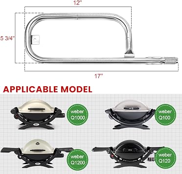 GGC 60040 Grill Burner Tube for Weber Q100 Q1000 Q120 Q1200, Baby Q, 17 Replacement Parts for Weber 386001 386002 516002 516001 50060001 51060001 Stainless Steel Burner Tube for Weber 69957/41657