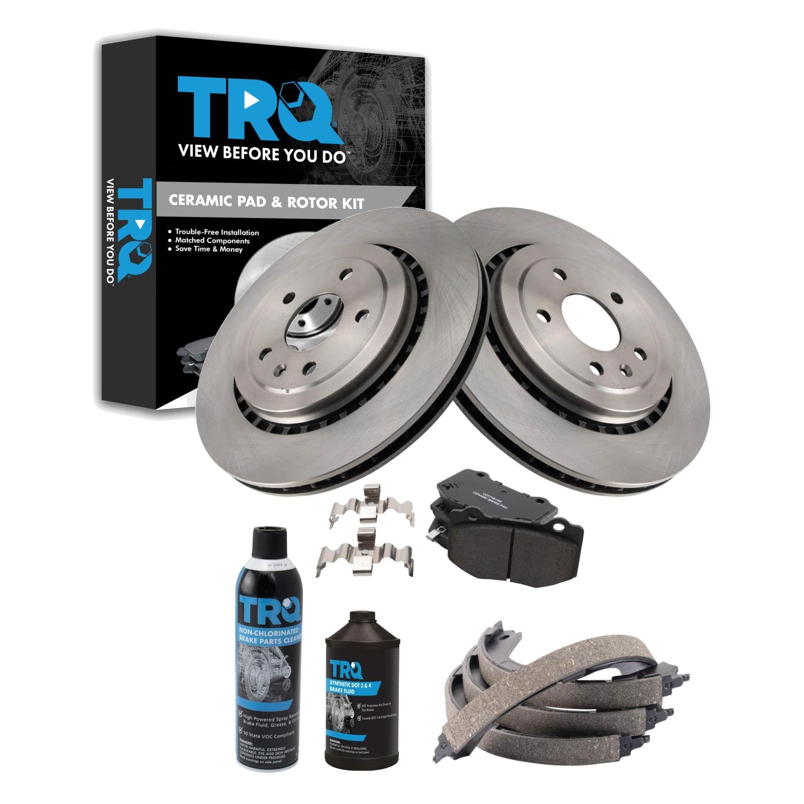 TRQ Rear Brake Pad &amp; Rotor Kit with Chemical Kit Parking Brake Shoe Set