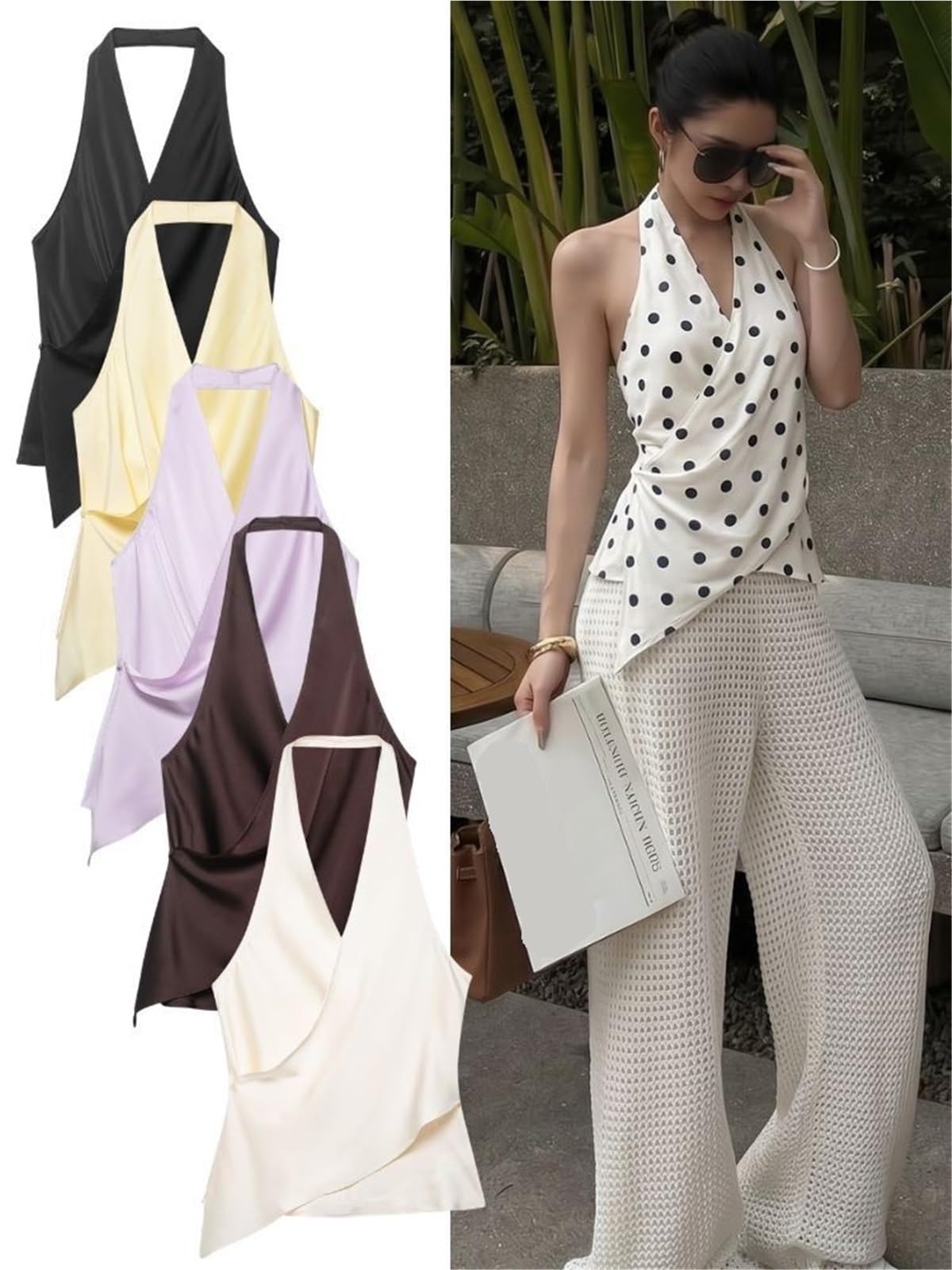 Top con Cuello Halter y Lunares de satén Cuello en V asimétrico | Camisola sin mangas sin espalda, ropa de fiesta sexy, top elegante de verano for mujer