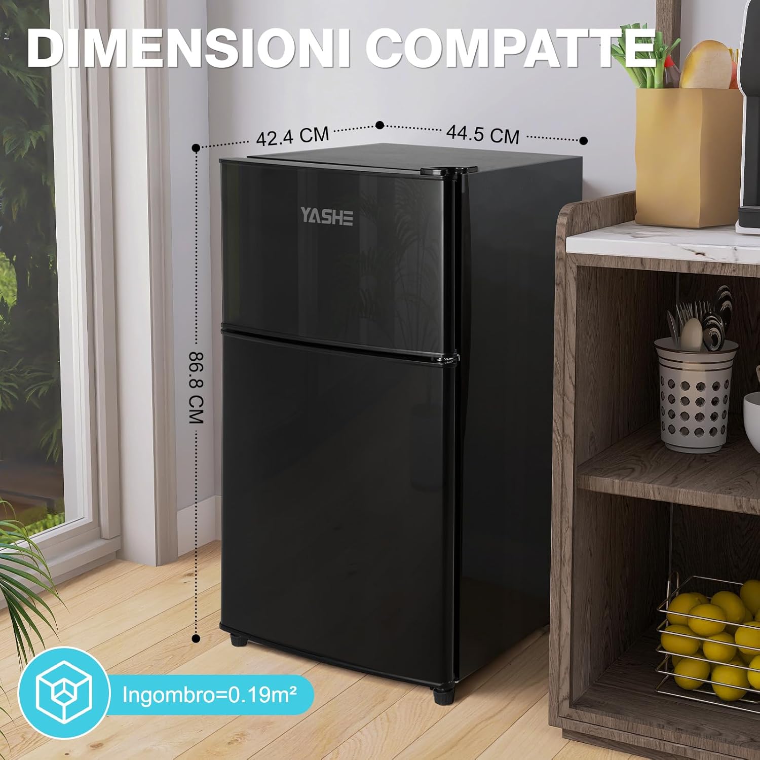 Diagram showing the compact dimensions of the YASHE BCD-86 mini fridge: 42.4 cm depth, 44.5 cm width, and 86.8 cm height.