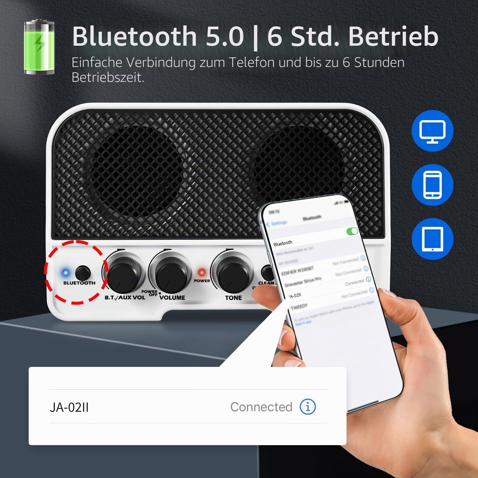 JOYO Mini Gitarrenverstärker 5W Verstärker für E-Gitarre Kleiner Gitarrenverstärker mit Bluetooth-Kanälen Clean und Overdrive Wiederaufladbar Tragbar (JA-02 II Schwarz)