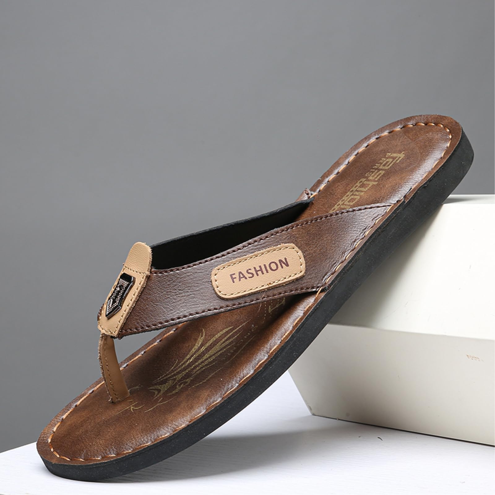 Infradito Uomo Uomini in Pelle Divisa Cucita Tanga Flip Flops, Piatta Maglia Foderata Morbido Eva Gomma Antiscivolo Sandali da Spiaggia per L'Estate All'aperto-brown-44
