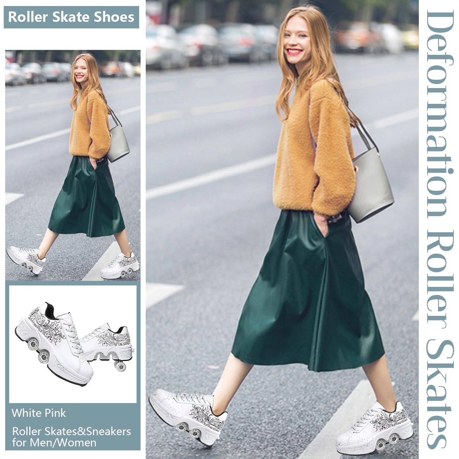 Rollschuhschuhe für Herren und Damen, 2-in-1, zweireihig, Deform-Rollschuhe, Jungen und Mädchen, Turnschuhe mit abnehmbaren Rädern, für drinnen und draußen