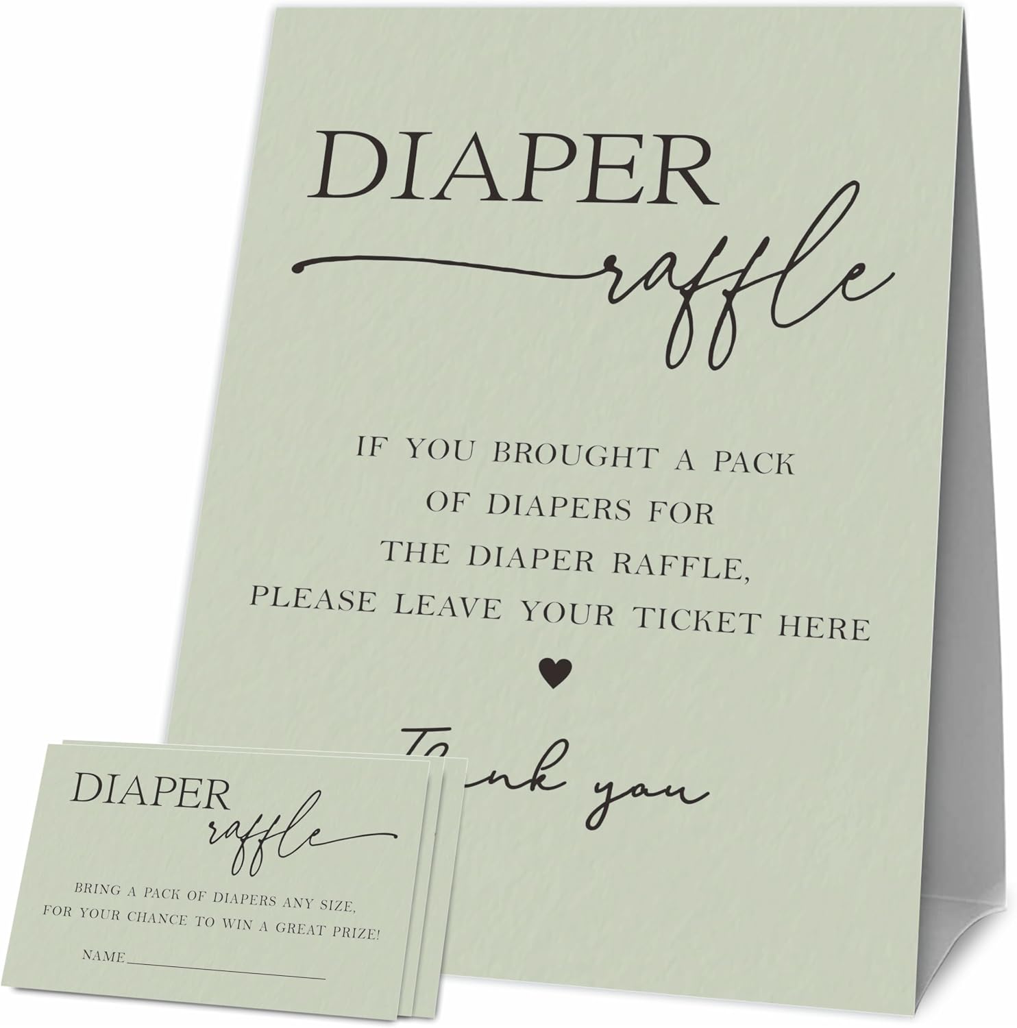 Baby Shower Games, 1 Diaper Raffle Standing Sign with 50 Diaper Raffle Tickets, Moss green Modern Theme Gender Reveal Party Decorations and Supplies(LBLK-D02)