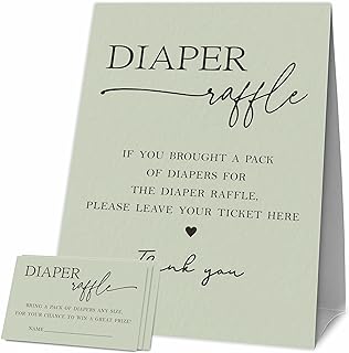 Baby Shower Games, 1 Diaper Raffle Standing Sign with 50 Diaper Raffle Tickets, Moss green Modern Theme Gender Reveal Party Decorations and Supplies(LBLK-D02)
