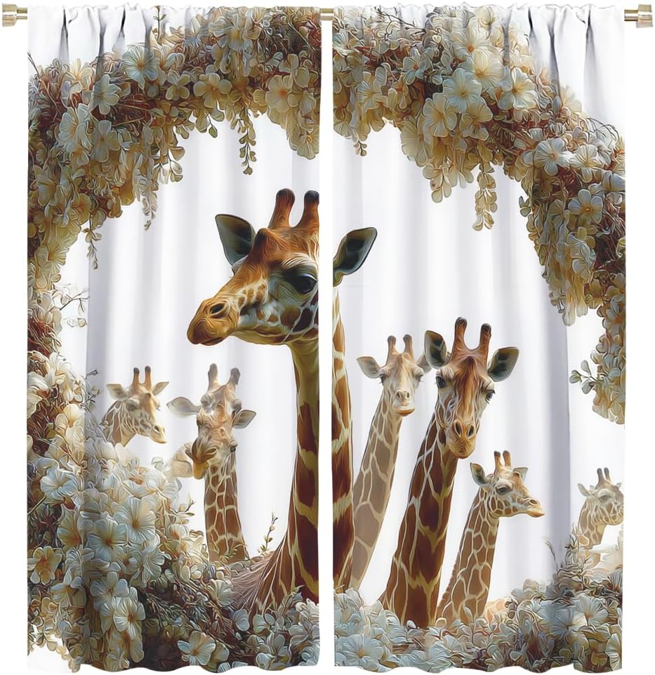 Flower Wild Animals Blackout Curtains - Giraffe Wildlife Floral View Print Window Drapes, Thermal Insulated Darkening Rod Pocket Curtain for Bedroom Living Room, 2 Panels, Each 21 W x 45 L inch