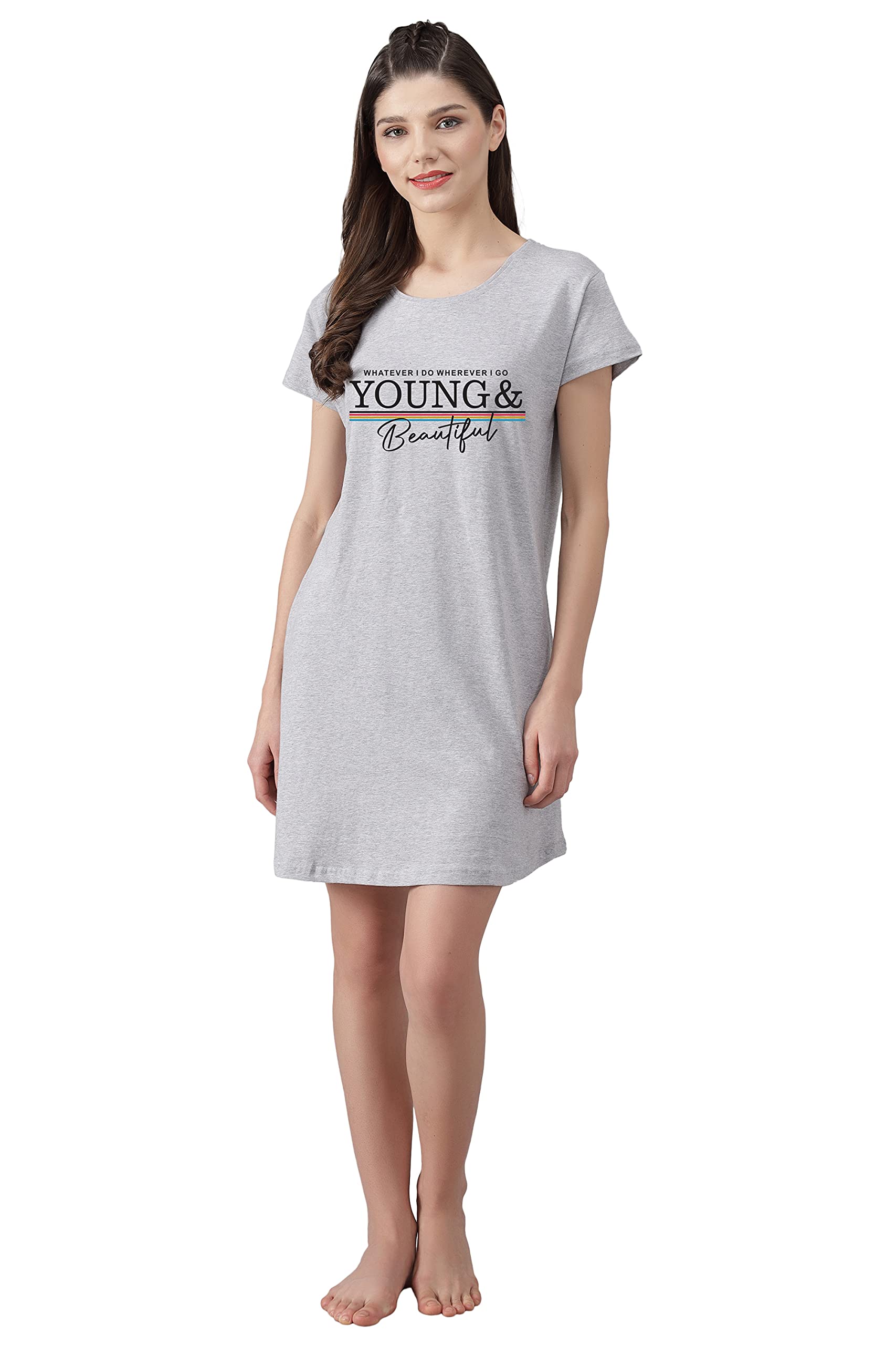 FflirtygoWomen’s Printed Cotton Knee Length Nighty Short Sleeve Nighty  Short Nightdress Long T-Shirt Regular Fit Night Gown Casual Nightwear