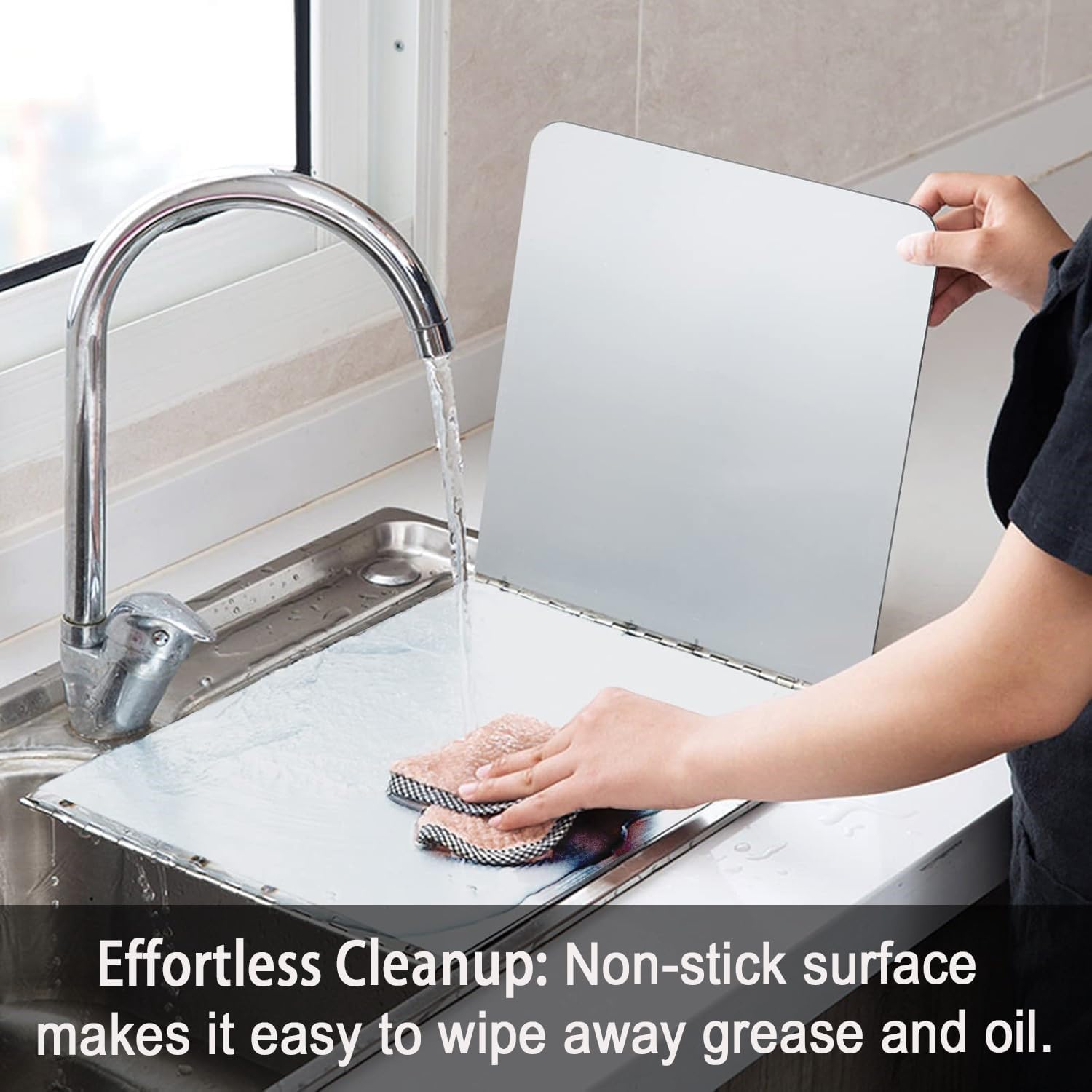 4 Sided Foldable Splatter Guard, Stainless Steel Grease Splatter Screen, Non-Stick Oil Splash Guard, Anti-Grease Cooking Shield, Heat-Resistant Stove Protector with Safe Edge, Easy to Clean (Large)