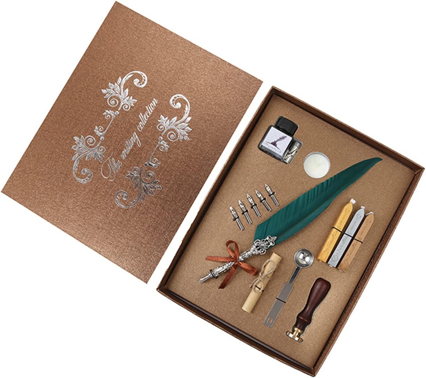 Feather Pen Quill Pen Set Handmade Vintage Dip Ink Pen for Beginners Friends Kids (Color : Dark Green)