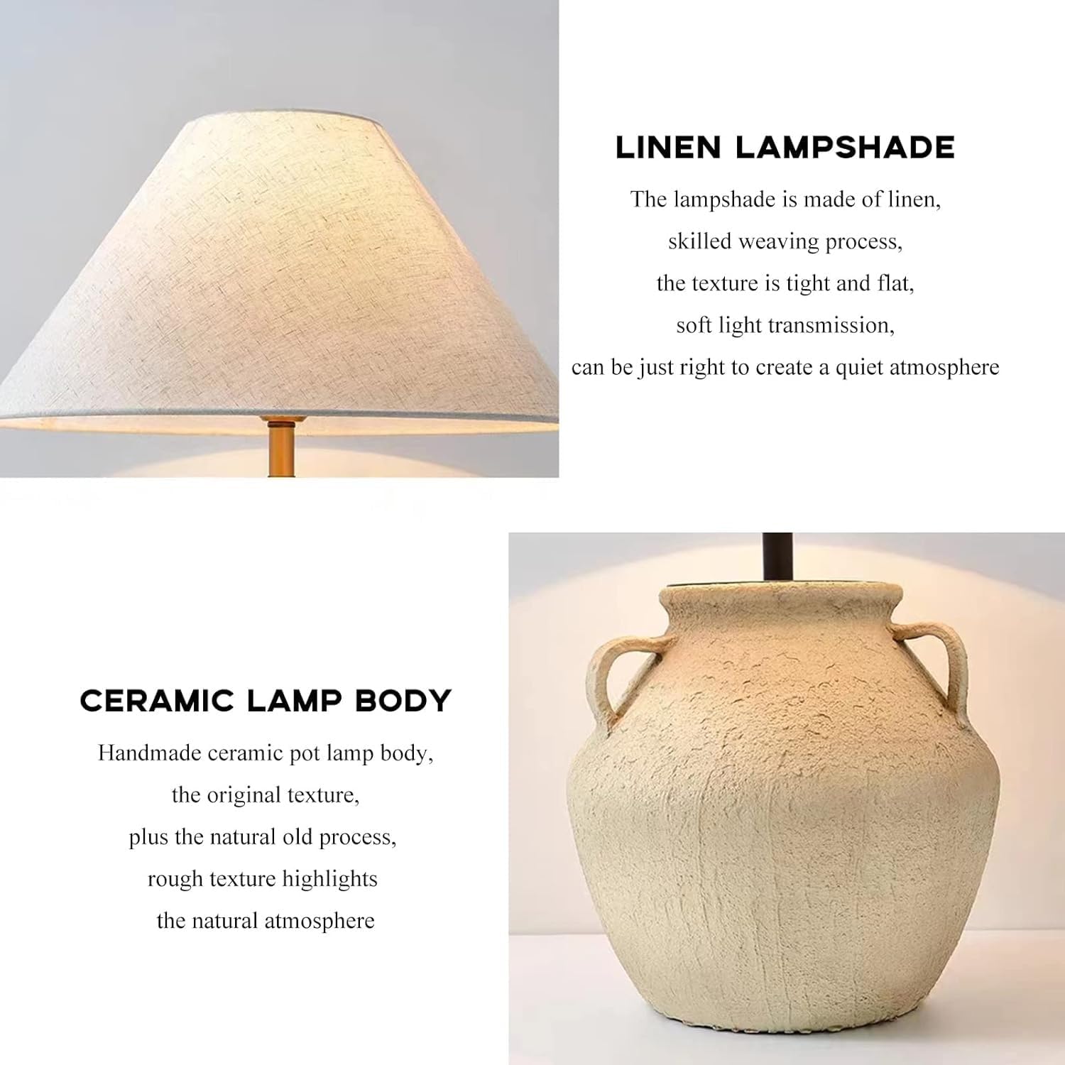Rustic Farmhouse Table Lamp, Handmade Ceramic Table Lamp Southwest Style Table Lamp with White Fabric Drum Shade Decor for Living Room Bedroom Bedside Nightstand Home Office