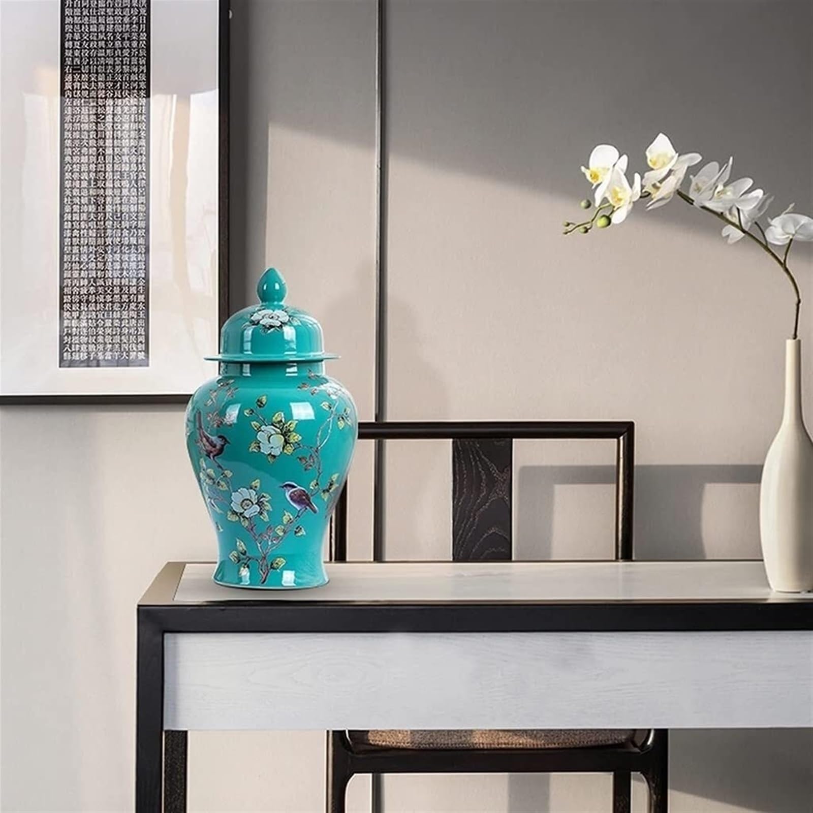 Jingdezhen żółty imbirowy słoik na słoik inspirowany naturą ceramiczny słoik na świątynię z motywem kwiatów i ptaków, dekoracja domu, akcent (duży zielony)