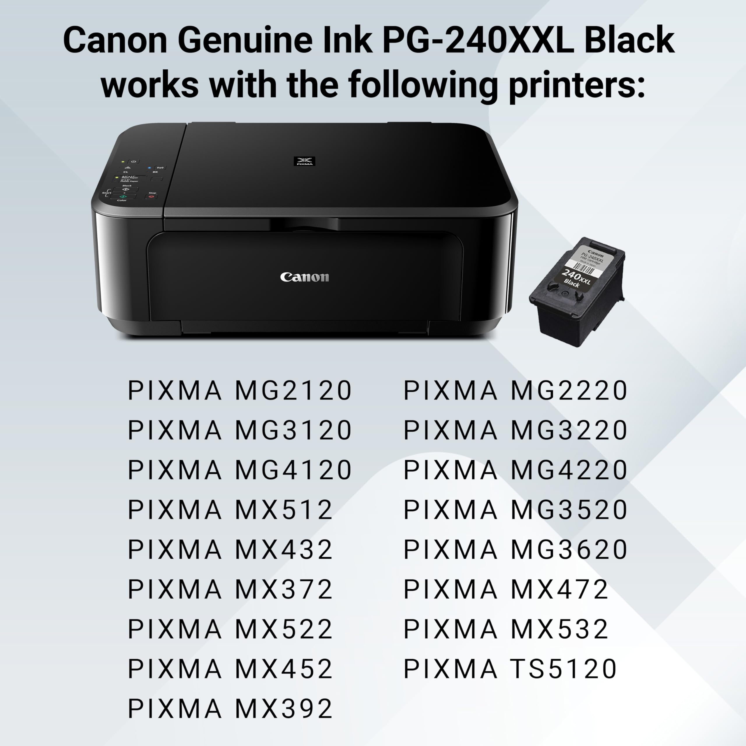 Canon PG-240 XXL Genuine Black Ink Cartridge, Compatible with MG2120/3120/4120, MX512/432/472/372/392/522/532/452, MG2220/3220/4220/3520/3620, TS5120