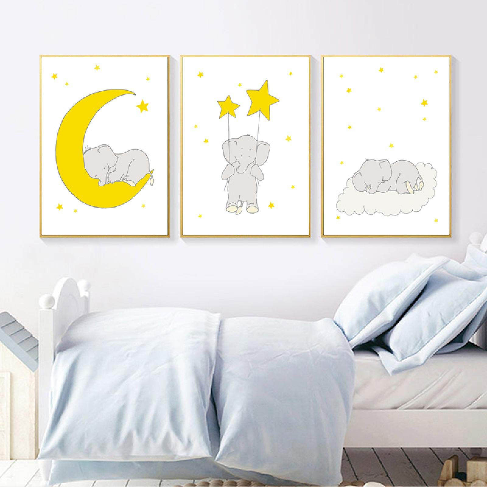 Amarillo bebé elefante luna estrella nube arte de pared lienzo pintura carteles nórdicos e impresiones cuadros de pared para decoración de habitación de niños 40x50cm (16x20in) x3 sin marco