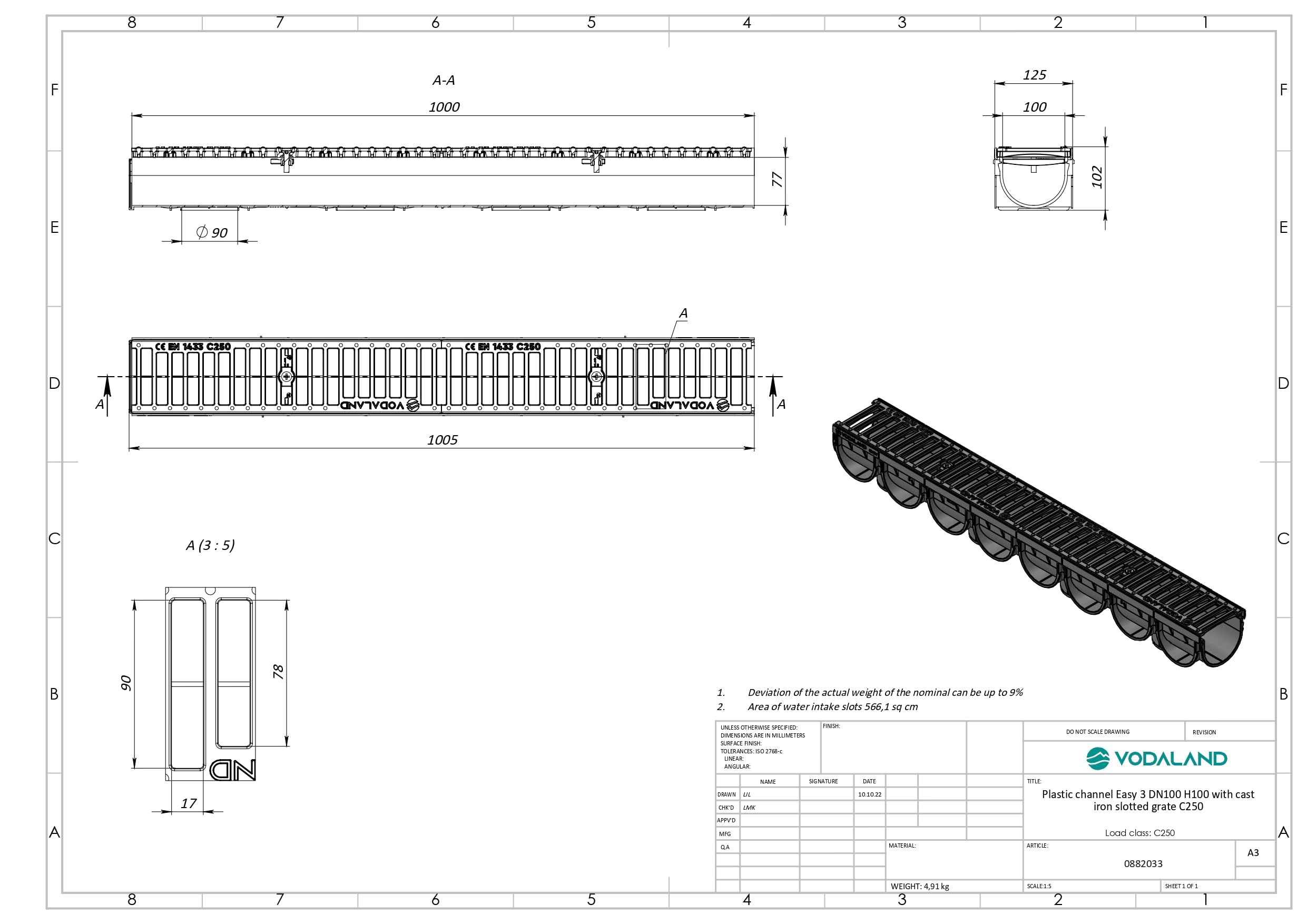 VODALAND Easy 3 - Canaleta de Desagüe con Rejilla de Fundición Dúctil | 5 Metros para Zonas de Alto Tránsito| Clase de Carga C250 | Sistema de Drenaje para Vehículos y Exteriores | Kit Completo
