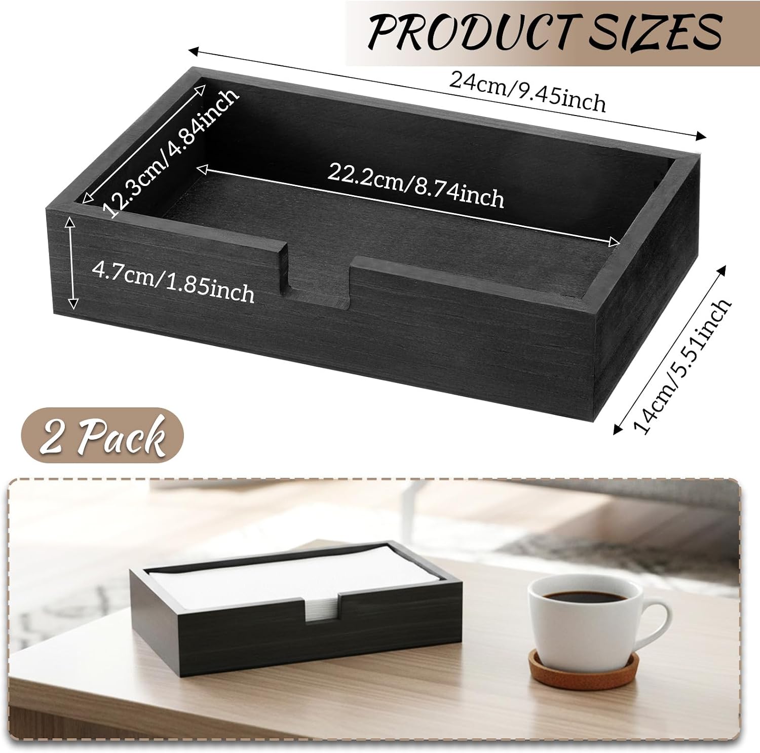 2 Pack Black Wooden Napkin Holder, Guest Towels Holder image 2