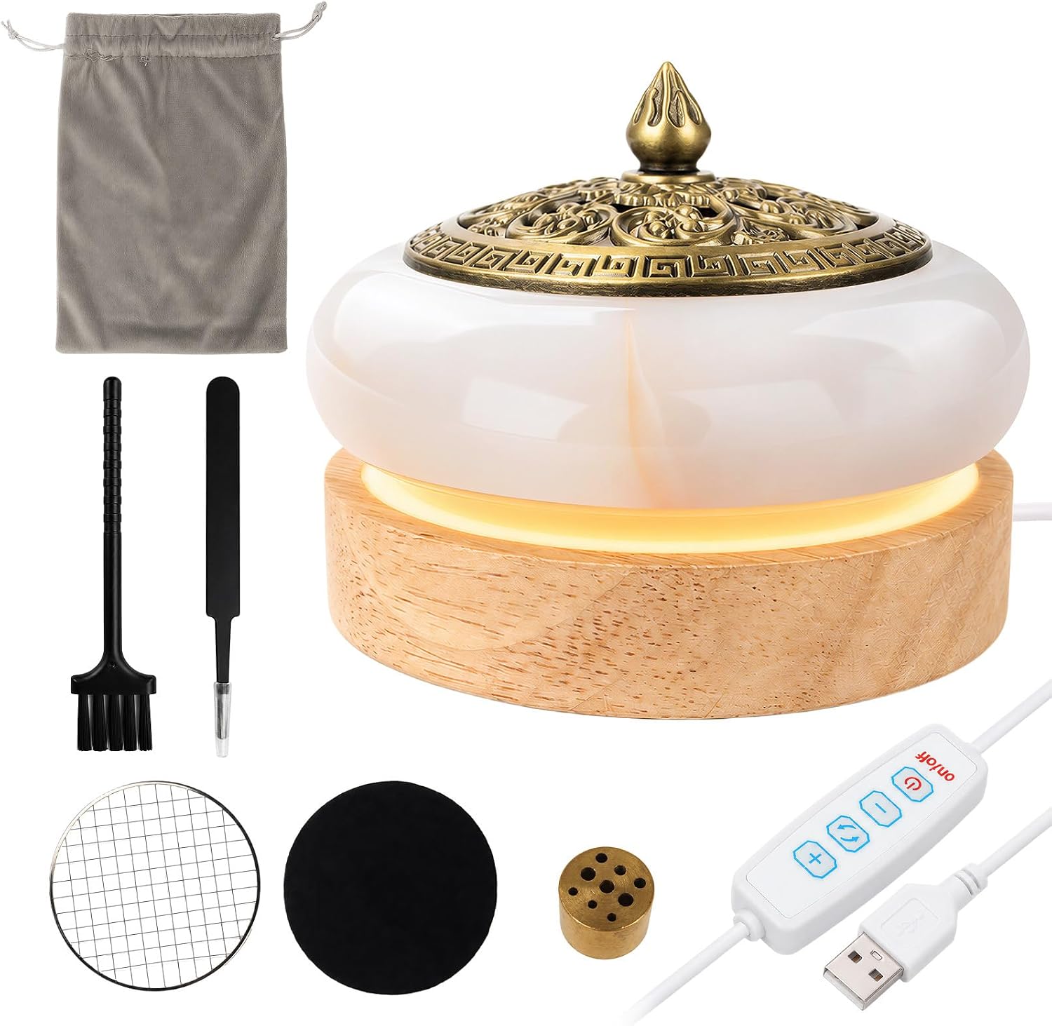 Marble Incense Burner, Cone Coil Incense-Stick Holders Disc Censer, White Onyx Insense Burning Bowl with Led Light Base and Incense Burning Accessories Kit Ash Catcher for Zen Decor Meditation Yoga