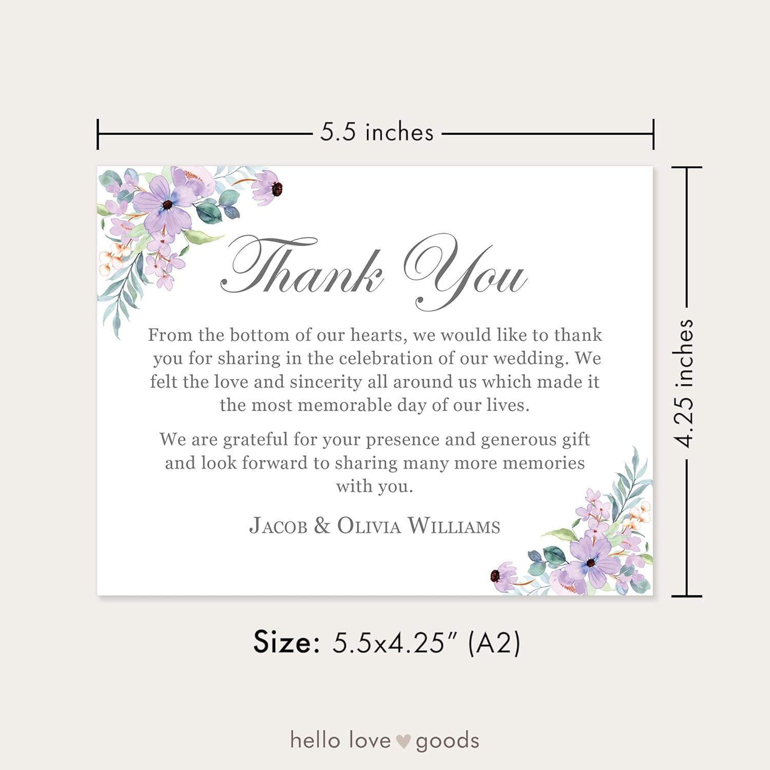 Personalized Wedding Thank You Cards with Message, Flat 5.5x4.25 Thank You Note Cards with Purple Floral, Envelopes Included (Design 2)