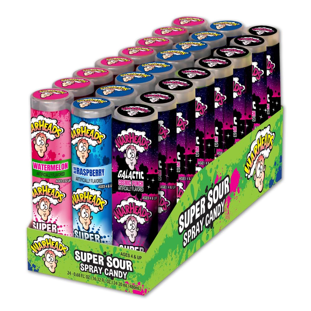 WARHEADS - Super Sour Candy Spray - Blue Raspberry, Green Apple and Watermelon Flavors - 0.68 oz. Bottles - 24 Pack