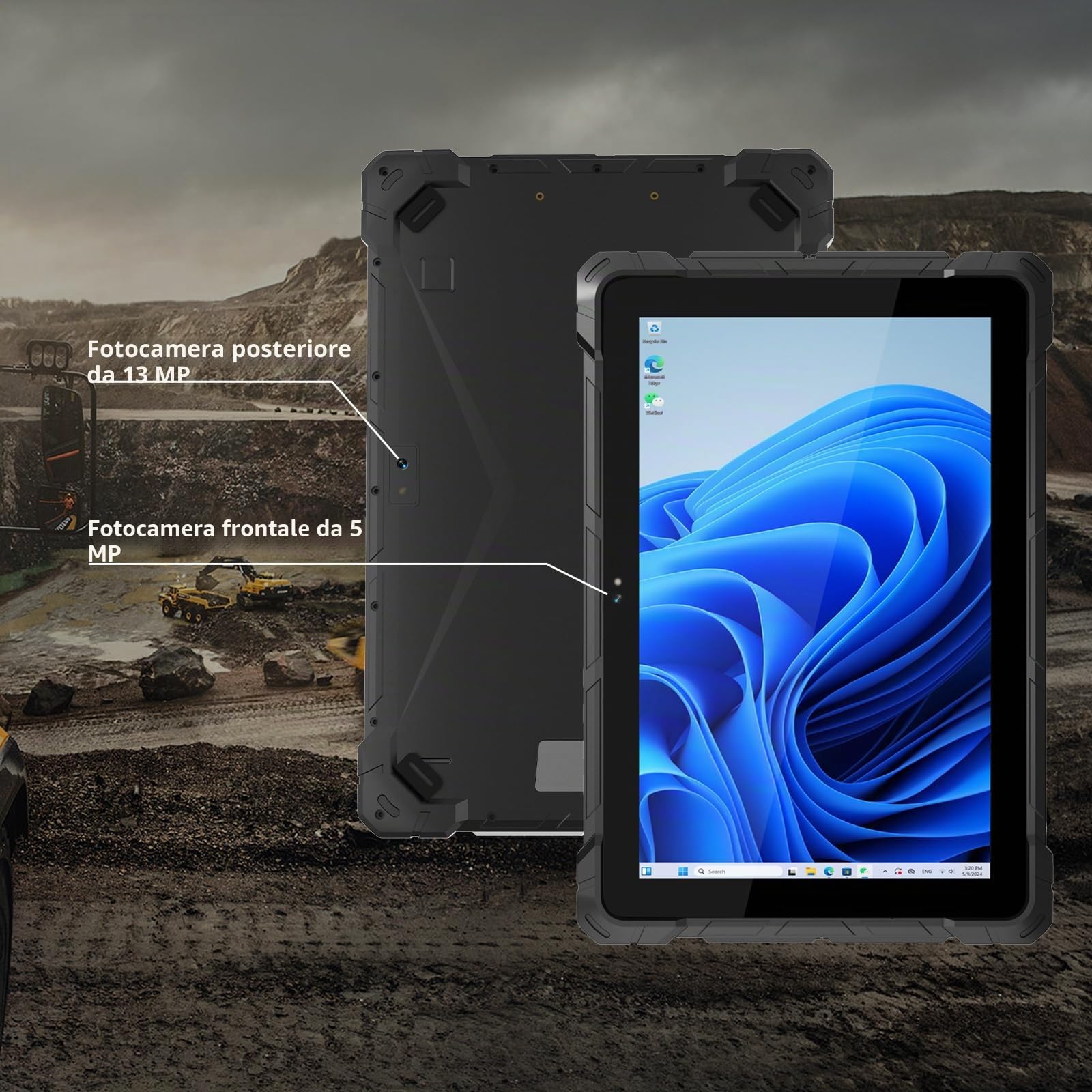 Tablet Rugged IP65, Intel N150 (3,6 GHz), 8GB RAM 128GB ROM, 10.1" HD Display, Windows 11 Pro, 8000mAh Batteria, USB 3.2, Type-C, RS232, WiFi, BT 4.2 per Cantiere Magazzino Campo