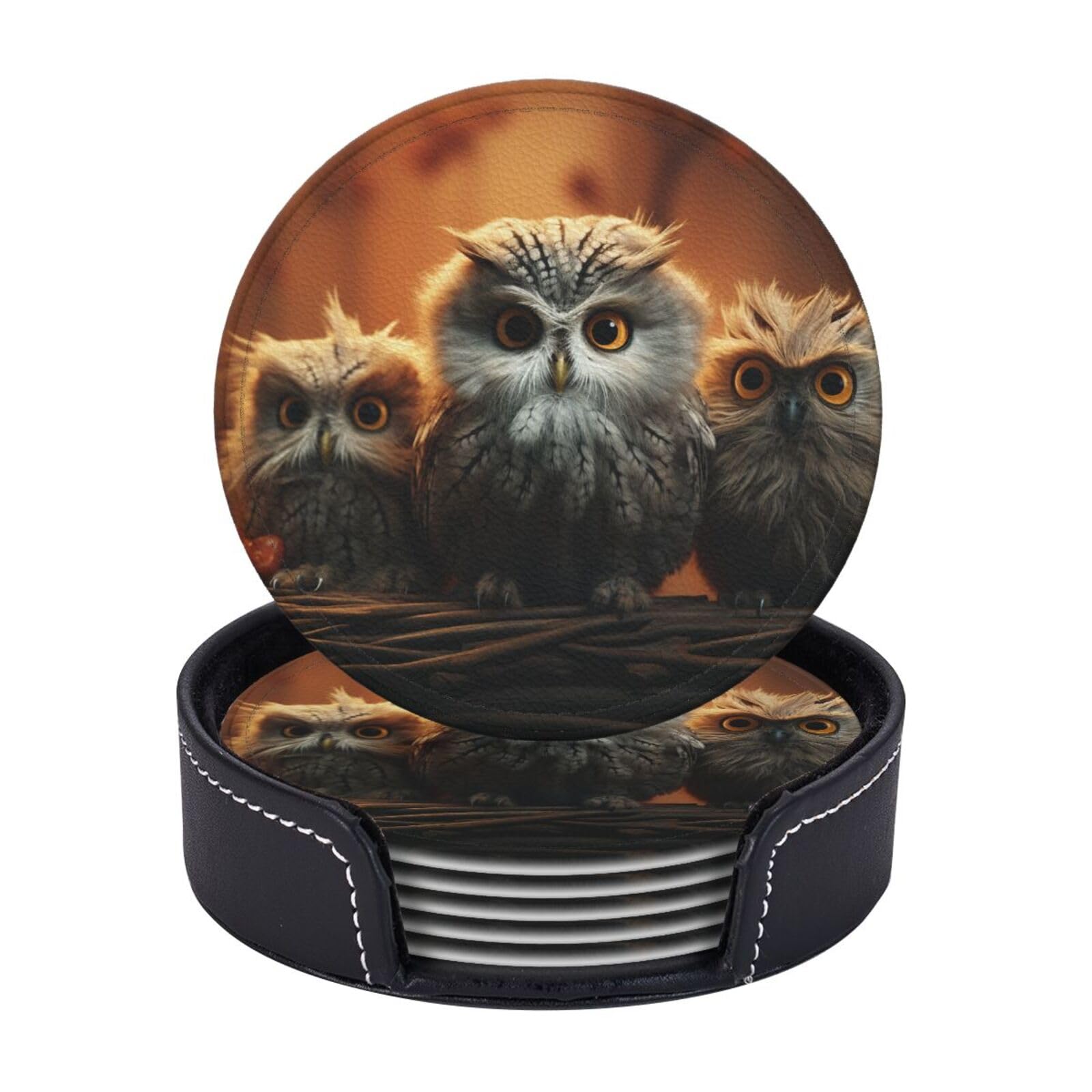 6Pcs PU Leather Coaster for Drinks, Cute Owl Baby Cup Coasters with Holder, Aesthetic Drink Coasters for Coffee Table, Round Coaster for Tabletop Protection 4" Cup Mat Pad