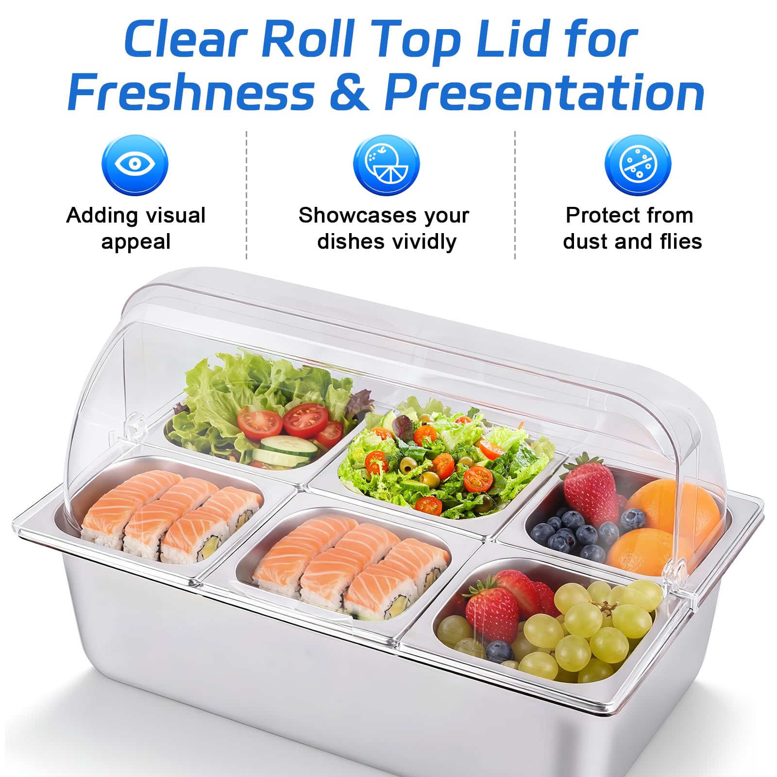 Dispensador de salsa de alimentos con estante de caja inferior de hielo, contenedores de acero inoxidable con cubierta superior enrollable, organizador de condimentos de ensalada (A)