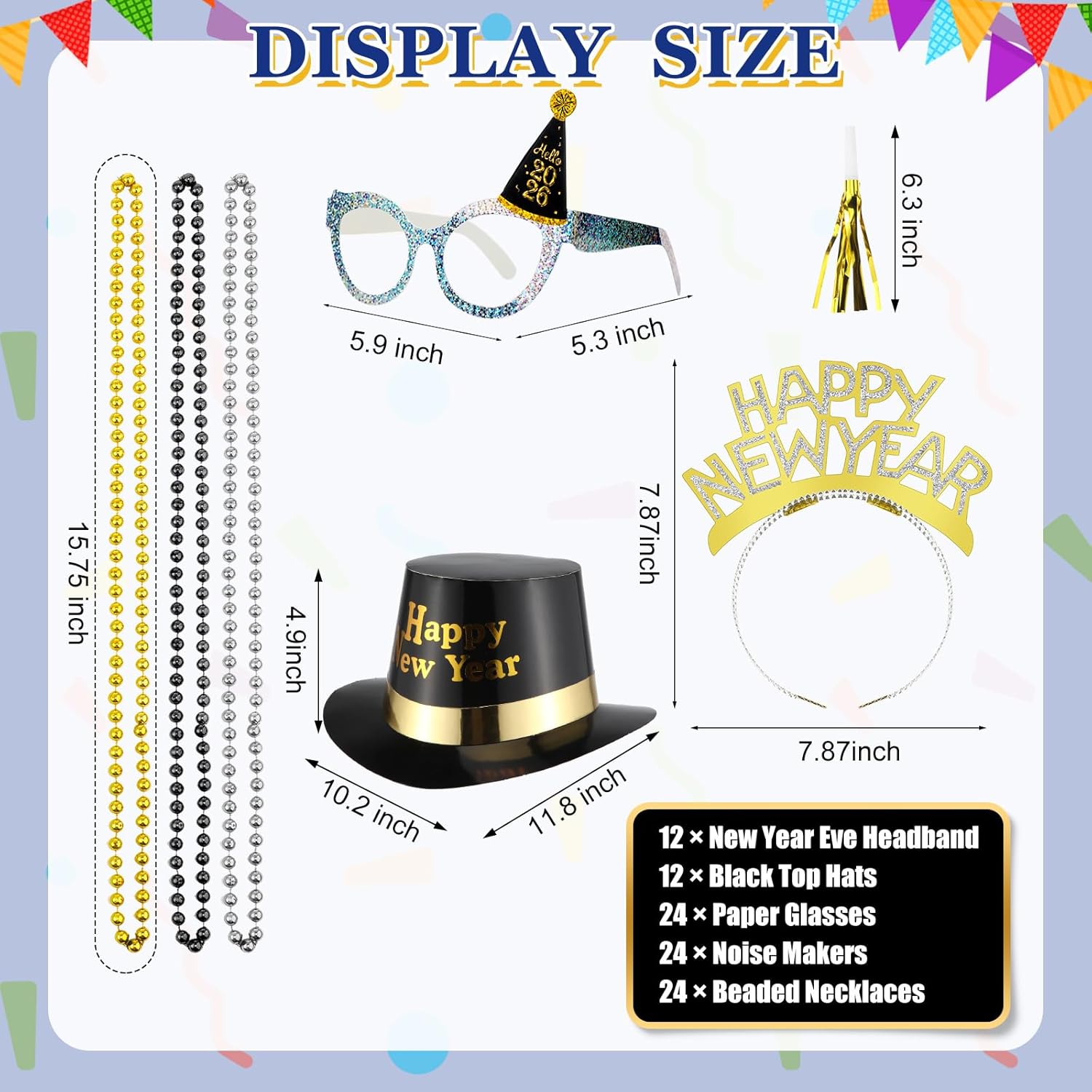 Syhood 96 Pcs New Years Eve Party Supplies 2026 for 24 Guest Includes 12 Black Top Hats 12 Happy New Year Headband Tiara 24 Paper Glasses 24 Metallic Fringed Noise Makers and 24 Bead Bracelet - Image 2