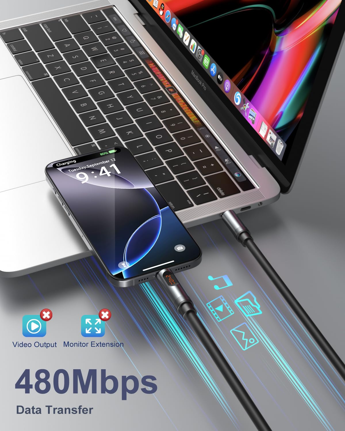 USB C auf USB C Kabel, 240 W Schnellladekabel Typ C Ladekabel mit LED-Display für MacBook Pro iPhone 17 16 Pro Max 15 iPad Air5 USB-C Laptops Galaxy S26 S25 Ultra Android Handys, 1,2 m