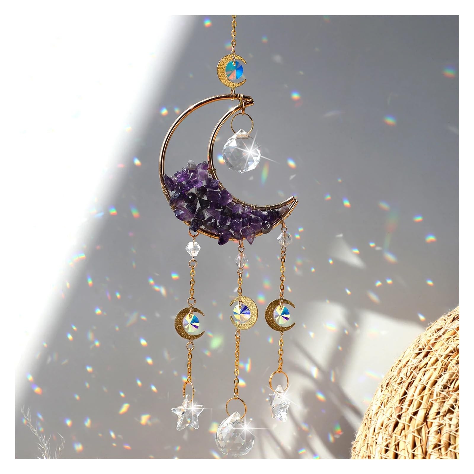 1 pièce Attrape-Soleil en Cristal Arc-en-Ciel, Pierre Brute, Lune, décoration d'intérieur for Jardin, Chambre à Coucher, Balcon, Pendentif(White)