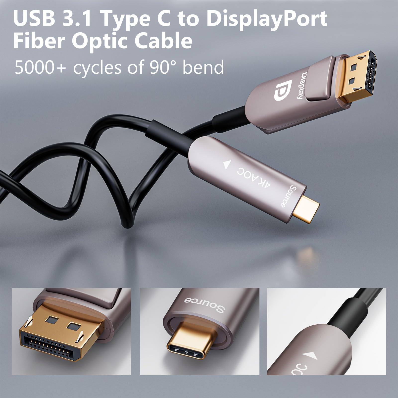 USB C do Displayport 4K Kabel światłowodowy USB 3.1 typ C do kabla Displayport, Thunderbolt 3/4 kompatybilny, dla MacBooka Pro/Air (A0109-AOC-15M)