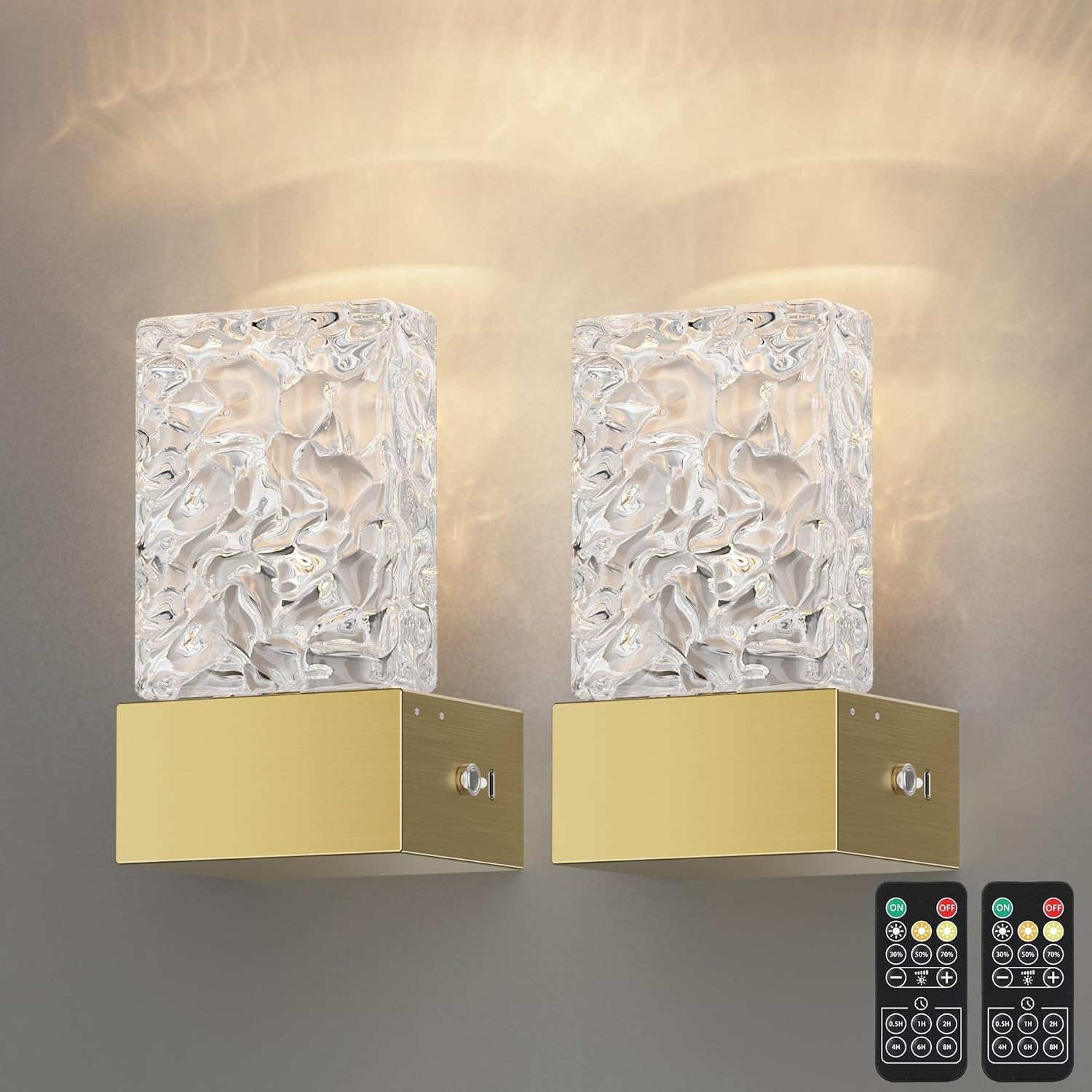Gold Battery Operated Wall Sconces Set of 2, Wireless Rechargeable Wall Lights Home Decor for Living Room Bedroom Hallway Corridor