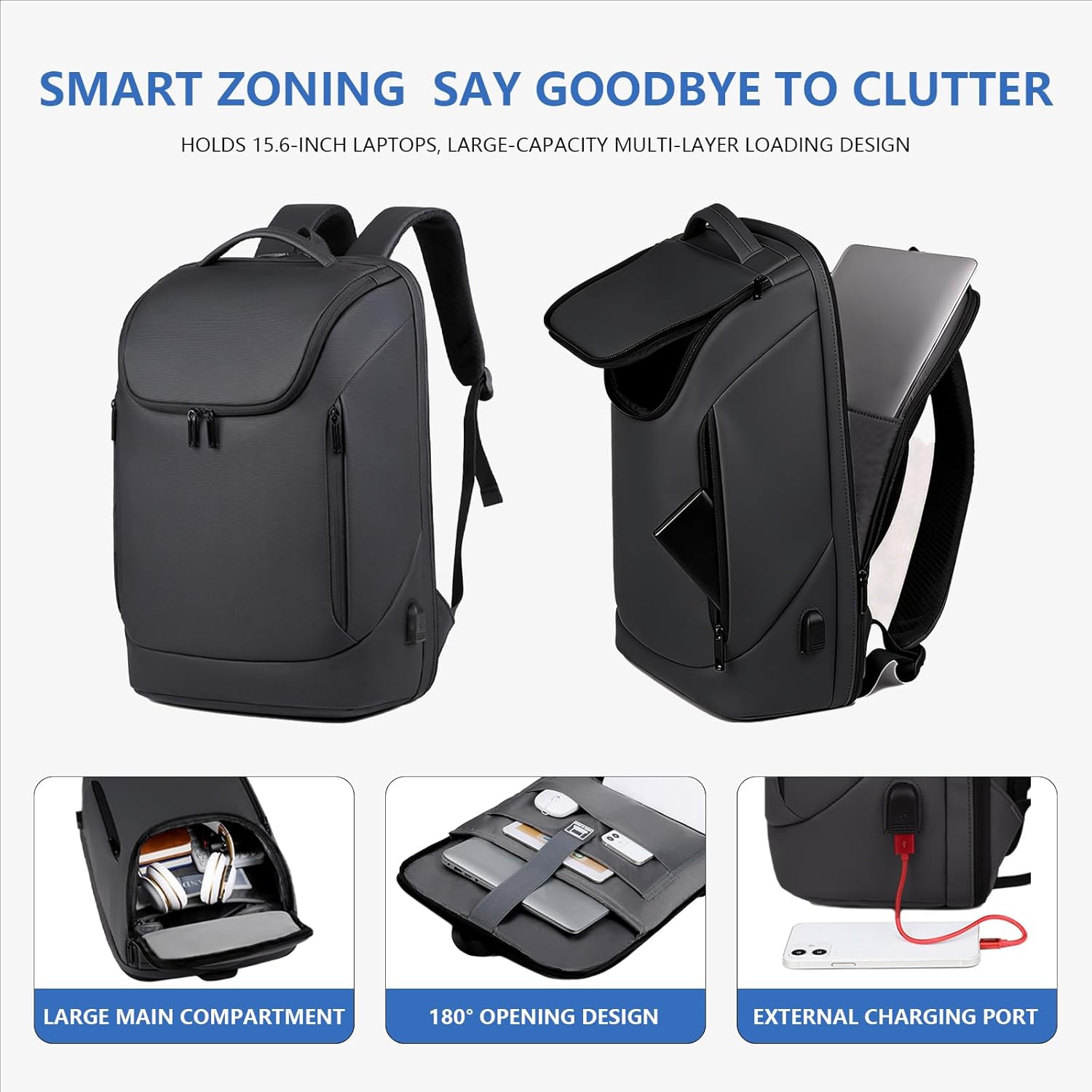 Matte Hard-Shell Laptop Backpack - 15.6 Inch Laptop Bag with USB Charging Port, Pressure-Resistant Digital Backpack for Business Commute, Office & Tech Travel (Black)