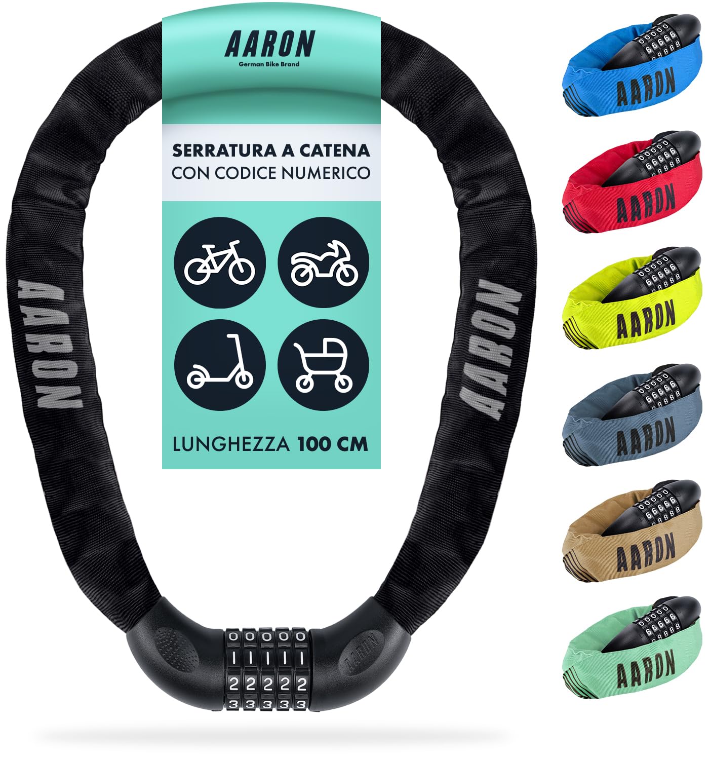 AARON Lock One - Catena antifurto per bicicletta con codice a 5 cifre - lucchetto in metallo e alta sicurezza - per mountain bike, da trekking, da turismo, da corsa, veicoli elettrici