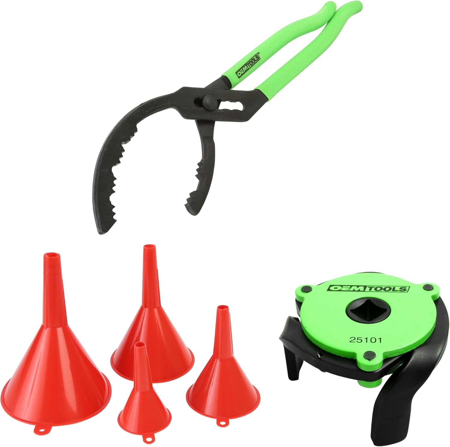 OEMTOOLS 14” Oil Filter Wrench Pliers, 2 2/5" To 5", 3 Leg Oil Filter Claw 2.4"-3.6" Filters, 4-Pc Oil Funnel Set, Oil Funnels for Automotive Use, Gasoline, Coolant, Transmission Fluid