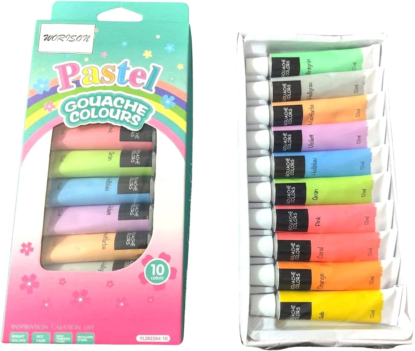 worison Pastel Gouache Colour Set of 10 Colours X 12ML Tubes Multicolor