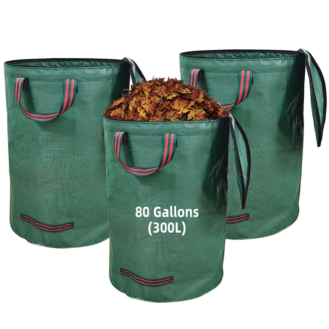 3 bolsas grandes de basura de jardín de 300 L, resistentes con tapa, impermeables, plegables, reutilizables, con asas, resistentes para césped, hojas, setos, escombros